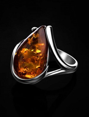 Стильное кольцо из серебра и натурального янтаря коньячного цвета «Джоконда»