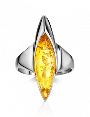 Изящное удлинённое кольцо из серебра и лимонного янтаря «Гауди»