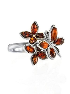 Объемное серебряное кольцо с янтарными вставками вишневого цвета «Лаванда», 506311256