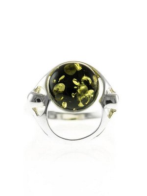 Стильное серебряное кольцо с круглой вставкой из натурального искрящегося зеленого янтаря «Орион», 506311291