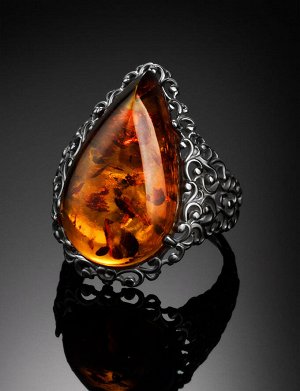 Роскошное серебряное кольцо с янтарём коньячного цвета «Луксор», 906304111