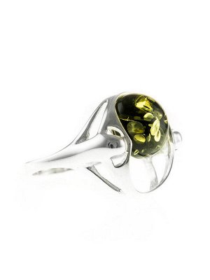 Стильное серебряное кольцо с круглой вставкой из натурального искрящегося зеленого янтаря «Орион», 506311291