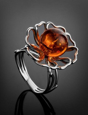 Яркое кольцо из серебра и натурального янтаря коньячного цвета «Ромашка», 806307160