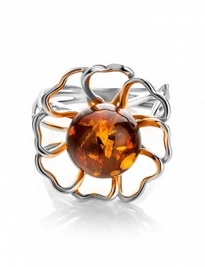 Яркое кольцо из серебра и натурального янтаря коньячного цвета «Ромашка», 806307160