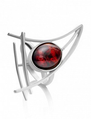 Стильное кольцо из серебра с натуральным янтарем вишневого цвета «Парус»