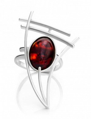 Стильное кольцо из серебра с натуральным янтарем вишневого цвета «Парус»