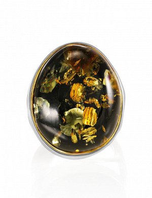 Серебряное кольцо с крупной вставкой из натурального янтаря «Глянец зеленый», 906305614