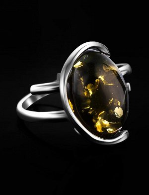 Изящное серебряное кольцо с натуральным зеленым искрящимся янтарем «Вивальди», 5063205201