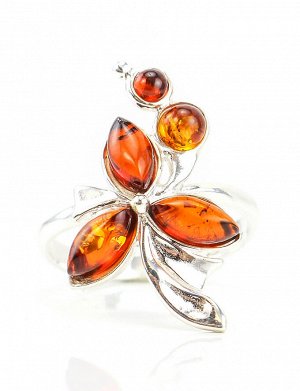 Нарядное серебряное кольцо с вставками из натурального вишневого янтаря «Орхидея», 506310231