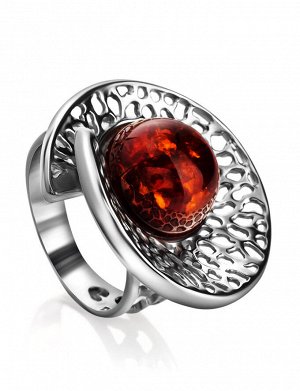 Роскошное крупное кольцо из ажурного серебра с круглой янтарной вставкой коньячного цвета «Венера», 506311150