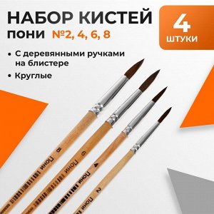 Набор кистей пони 4 штуки: № 2, 4, 6, 8, круглые, с деревянными ручками