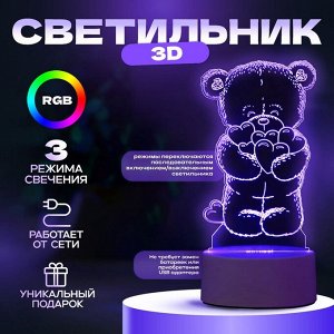 Светильник 3D RISALUX «Мишутка», LED-ночник, RGB, от сети, 9.5x9.5x16 см