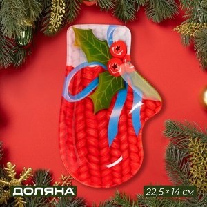 Блюдо новогоднее стеклянное сервировочное Доляна «Рукавица. Вязка», 22,5x14x2 см, цвет красный