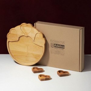 Набор деревянной посуды Adelica, менажница с 3 соусниками, 30x28x1,8 см, в подарочной коробке, берёза