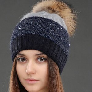 Зимняя теплая вязаная шапка с добавлением кроличьей шерсти с бубоном из мехом енота