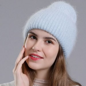 Шерстяная шапка с высоким подворотом с добавлением кроличьей шерсти, темно синяя