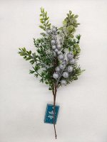Декор Хвойная ветка с листьями и ягодами, заснеженная, серебро, 35см