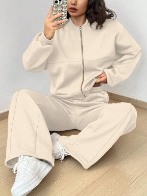Женский спортивный костюм: худи на молнии+ широкие штаны, молочный