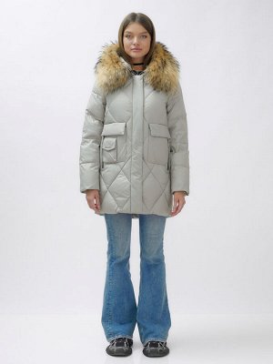Куртка женская зимняя с мехом енот премиум класса серого цвета 3141Sr