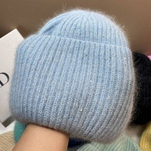 Вязаная шапка с высоким подворотом с блестками с добавлением кроличьей шерсти , белая