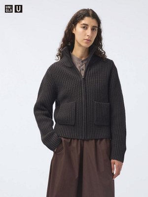 UNIQLO - теплая кофта в рубчик из смесовой шерсти ягненка - 39 DARK BROWN