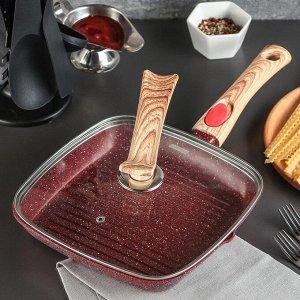 Сковорода-гриль литая «Рубин», 24-3,5 см, стеклянная крышка, съёмная ручка, индукция