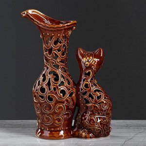 Ваза керамика настольная "Кот с кувшином", резка, 22 см