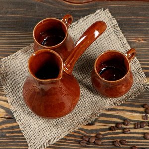 Кофейный набор "Турка и 2 чашки", коричневый, 0,7 л/ 0,25 л