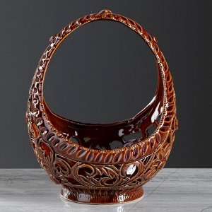 Конфетница "Лукошко", коричневая, резка, керамика, 19 см