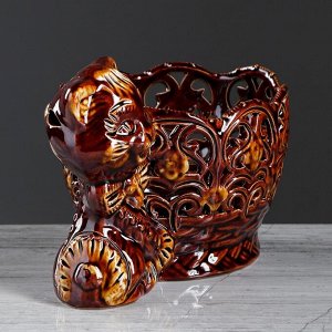 Конфетница "Котик", коричневая, резка, керамика, 13 см