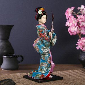 Кукла коллекционная "Гейша в цветочном кимоно с музыкальным инструментом"
