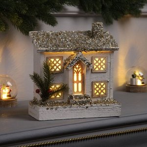 Фигура деревянная «Хижина» 21x23x9 см, 5 LED, батарейки ААx2 (не в комплекте), свечение тёплое