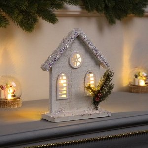Фигура деревянная «Домик белый», 16x22x6 см, 3 LED, батарейки AAx2 (не в комплекте), свечение теплое белое
