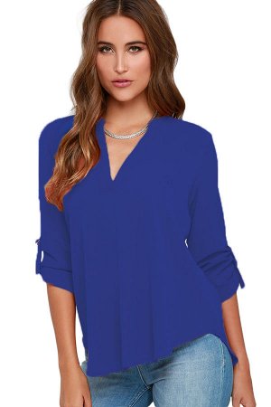 Синяя шифоновая блуза с V-образным вырезом