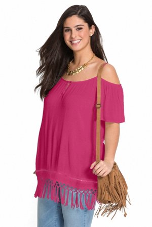 Ярко-розовая свободная блуза со спущенными рукавами и бахромой снизу