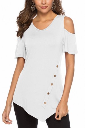 Белая асимметричная блуза с вырезами на плечах и диагональной планкой