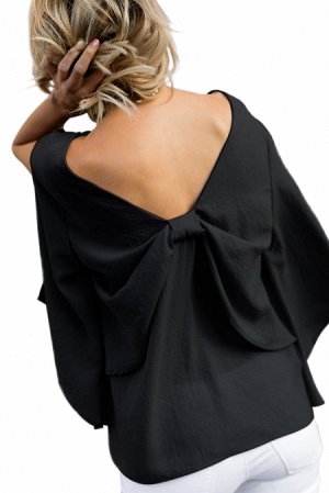 Черная блуза с расклешенными рукавами 3/4 и большим бантом на спине