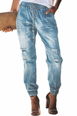 Голубые потертые джинсы-джоггеры с карманами спереди