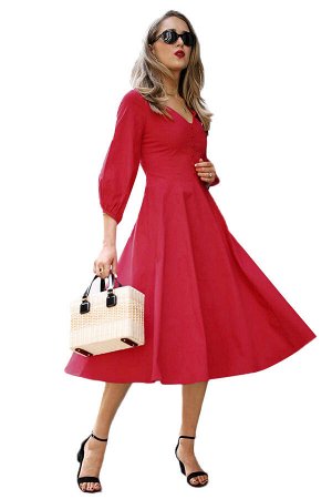 Красное винтажное платье на пуговицах и с рукавами-фонариками