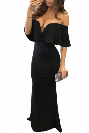 Черное платье-русалка с низким вырезом и воланом