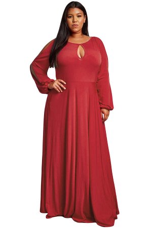Красное приталенное макси платье с разрезами на рукавах и карманами