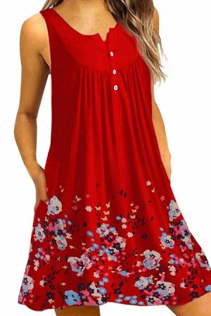 Красное платье А-силуэта с пуговицами на груди и цветочным узором на юбке