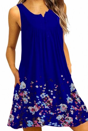 Синее платье А-силуэта с пуговицами на груди и цветочным узором на юбке