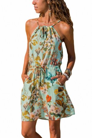 Бирюзовое в цветы платье-туника с поясом и карманами