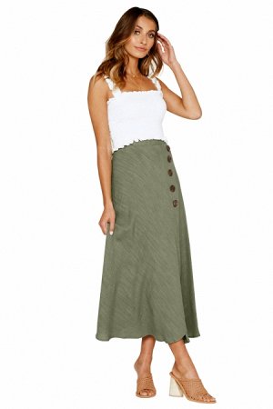 Серо-зеленая расклешенная макси юбка с запахом и застежкой на пуговицы