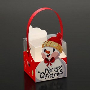 Коробка подарочная новогодняя складная ПВХ с ручками, «Снеговик», 9x9x9.5 см