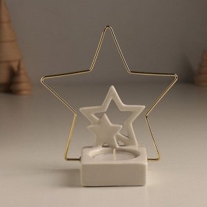 Подсвечник керамика, металл на 1 свечу "Звёзды" белый с золотом 13,4х6,5х13,2 см