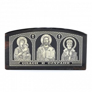 Автомобильная икона из обсидиана "Богородица, Иисус, Николай" 85*45мм арка