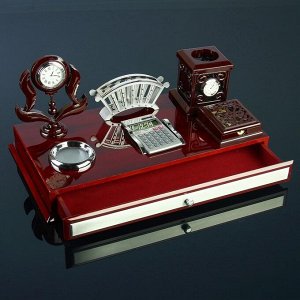 Набор 6 в 1: часы, визитница, калькулятор, подставка для печати, бумаги, ручек, цвет красный