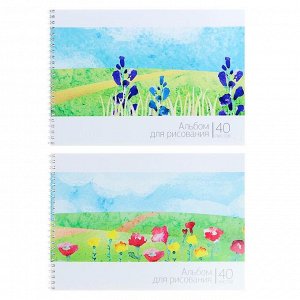 Альбом для рисования А4, 40 листов на гребне «Пейзаж: цветочное поле», обложка мелованный картон, ВД-лак, блок 100 г/м2, МИКС